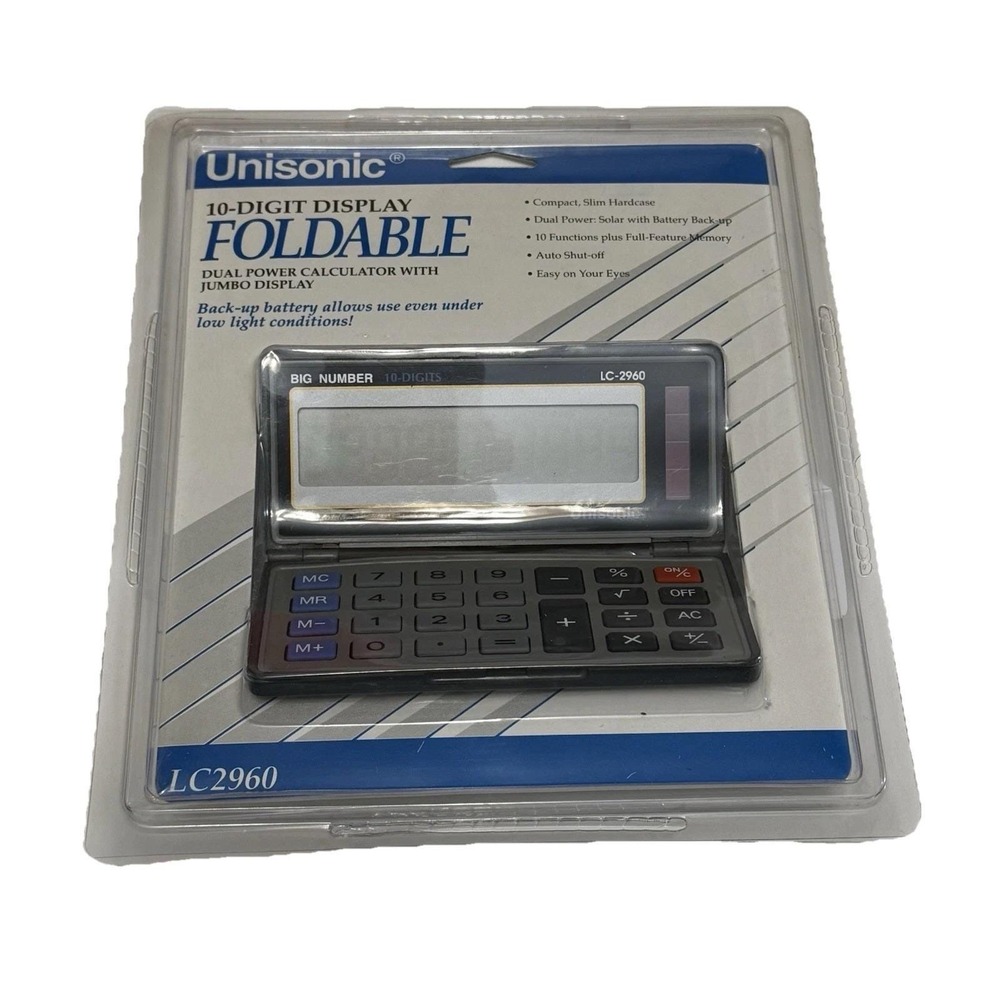 Vintage Calculator Unisonic Foldable LC2960 Solar‎ 10 Digit Display Dual Power